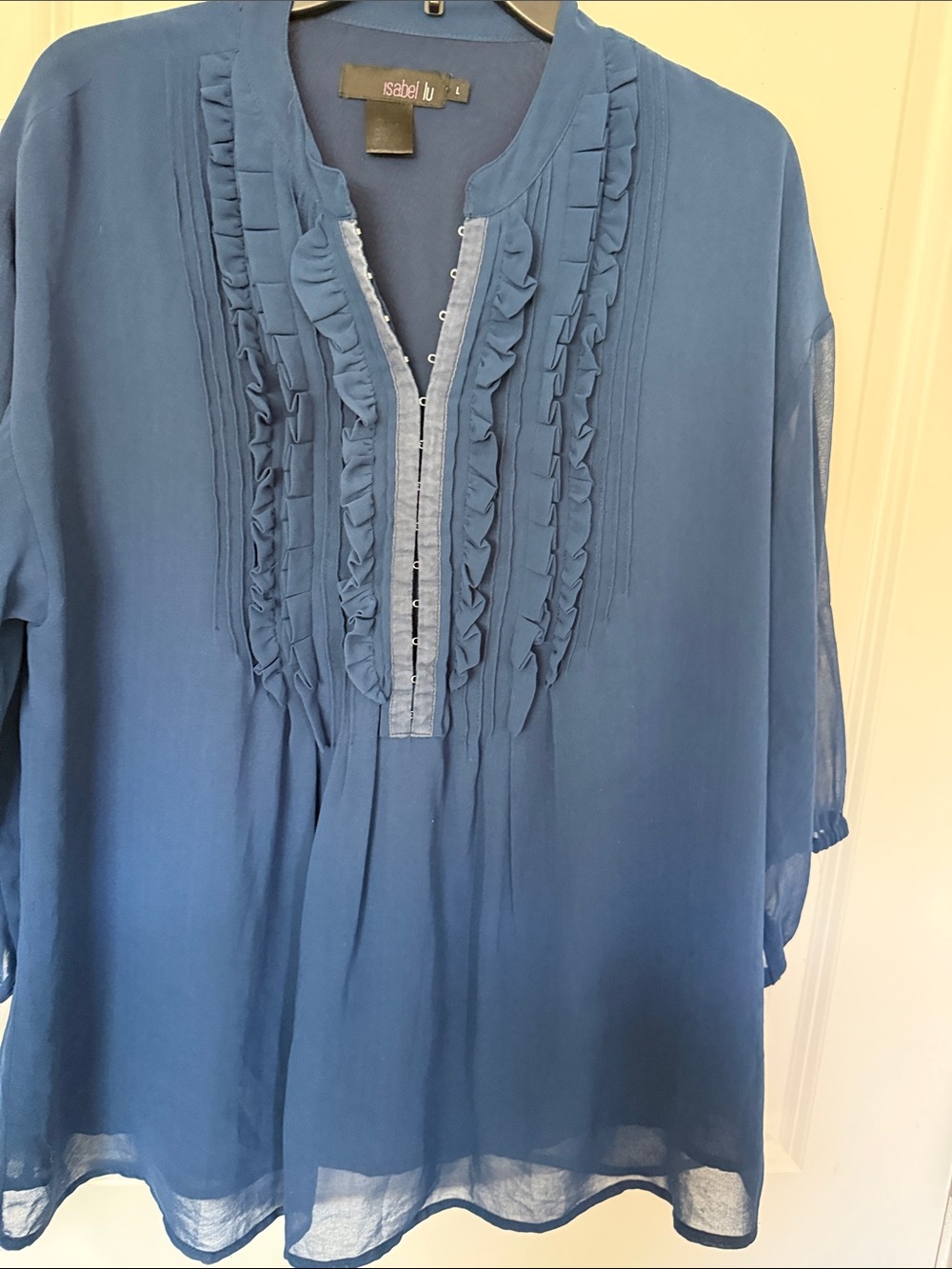 Navy Ruffle Split-Neck Women's Blouse - Picture 2 of 7